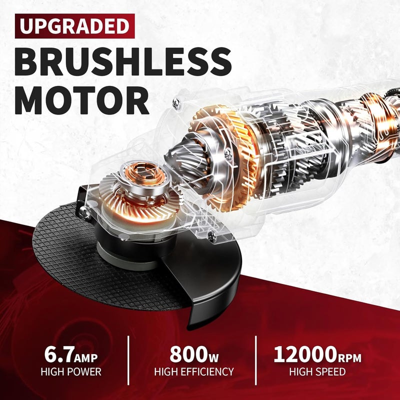 FULLYEA Cordless Angle Grinder,4-1/2 inch Brushless Electric Grinder Power Tools, 12000 RPM, 2x4.0Ah Battery, 3 Variable Speeds Metal Grinder with Auxiliary Handle for Cutting, Grinding, Polishing - Image 2
